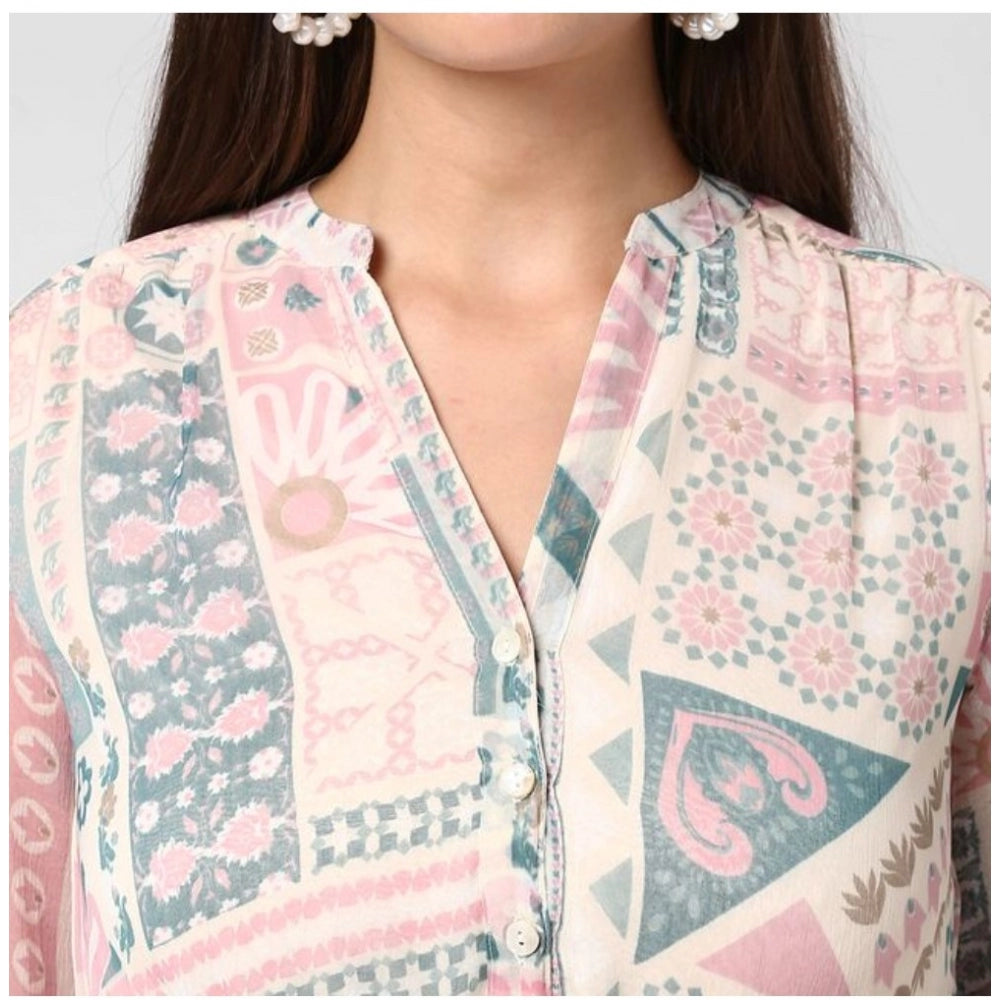 Amfyn Women's Polyester Printed Long Sleeves Above Knee Dress (Light Pink - Off White)