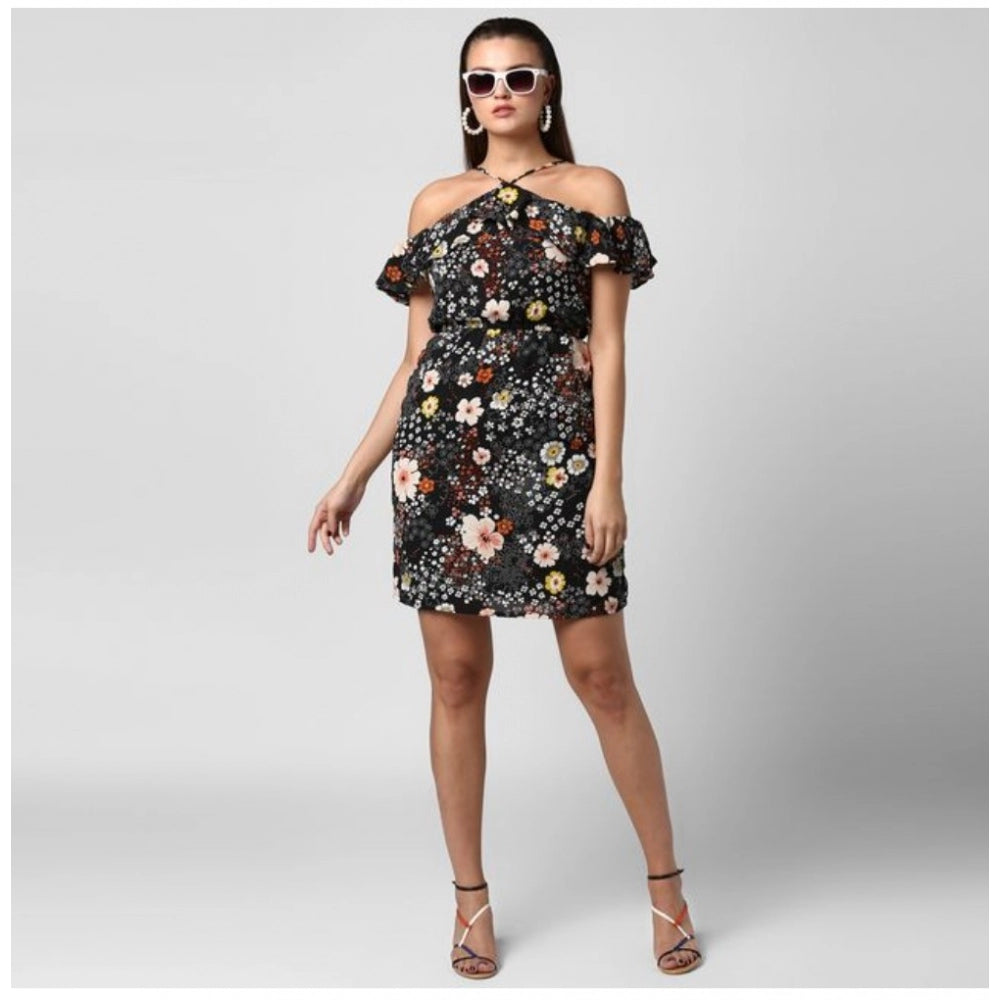 Amfyn Women's Polyester Floral Cold Shoulder Above Knee Dress (Black)