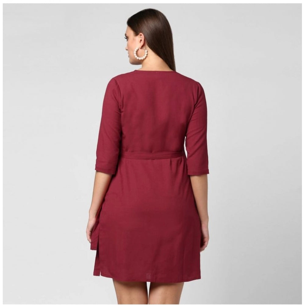 Amfyn Women's Cotton Solid 3-4th Sleeves Above Knee Dress (Maroon)