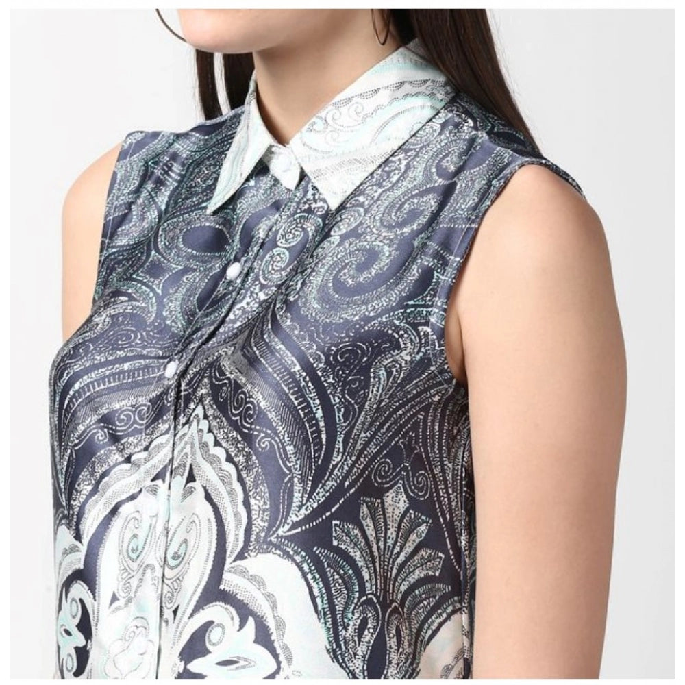 Amfyn Women's Polyester Printed Sleeveless Above Knee Dress (Blue)