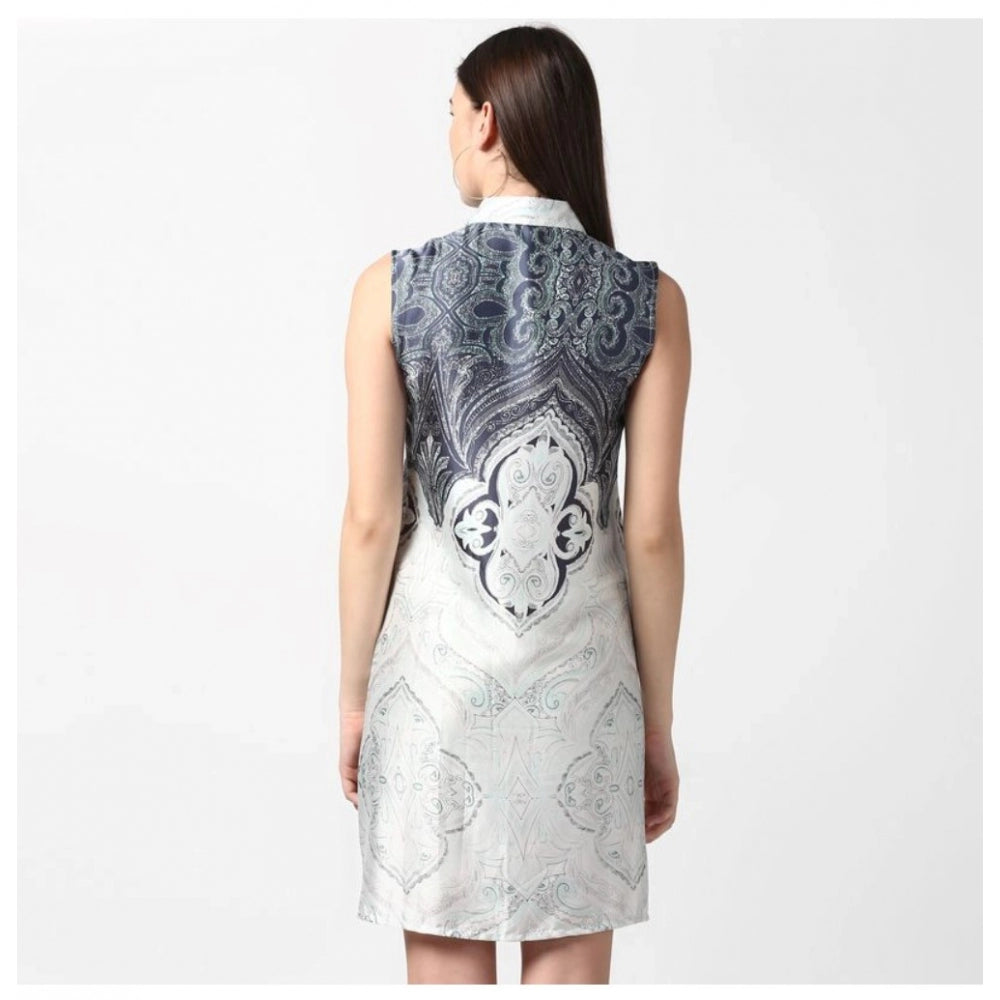 Amfyn Women's Polyester Printed Sleeveless Above Knee Dress (Blue)