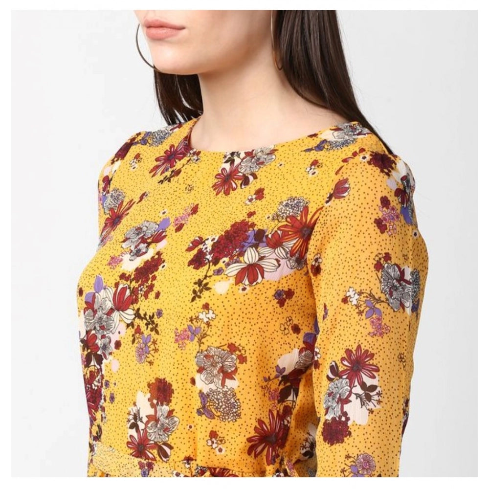 Amfyn Women's Polyester Floral Long Sleeves Calf-length Dress (Yellow)