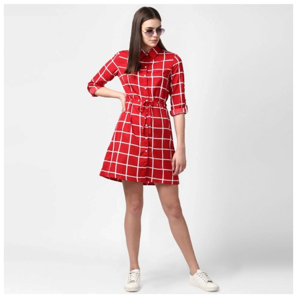 Amfyn Women's Polyester Checkered Long Sleeves Above Knee Dress (Red)