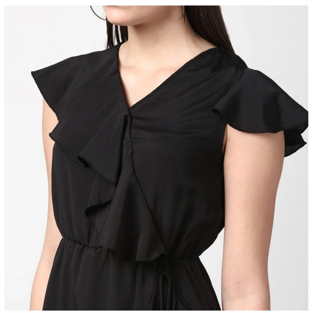 Amfyn Women's Polyester Ruffled Cap Sleeve Knee-Length Dress (Black)