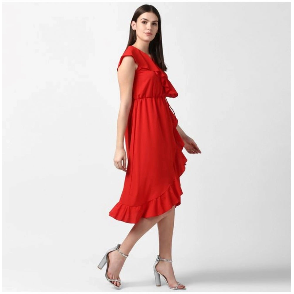 Amfyn Women's Polyester Ruffled Cap Sleeve Knee-Length Dress (Red)