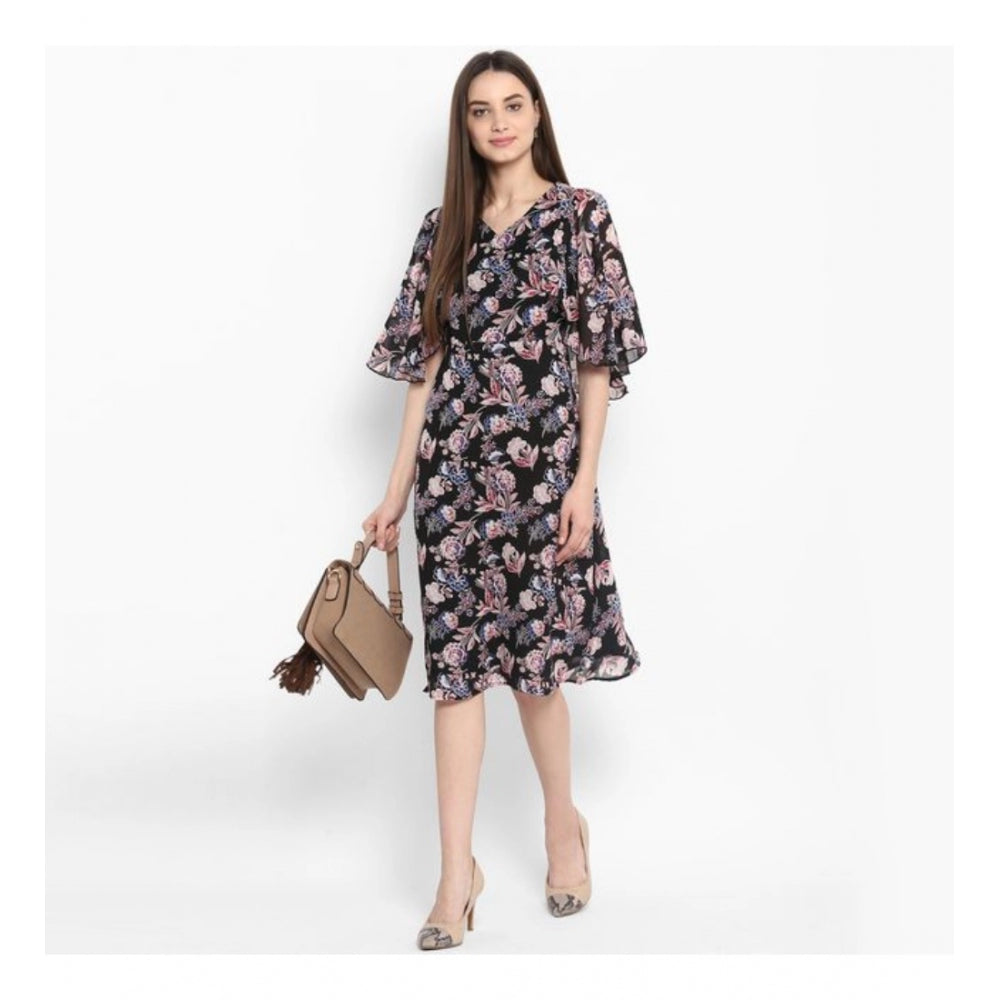 Amfyn Women's Polyester Floral Short Sleeve Knee-Length Dress (Black - Multicolor)