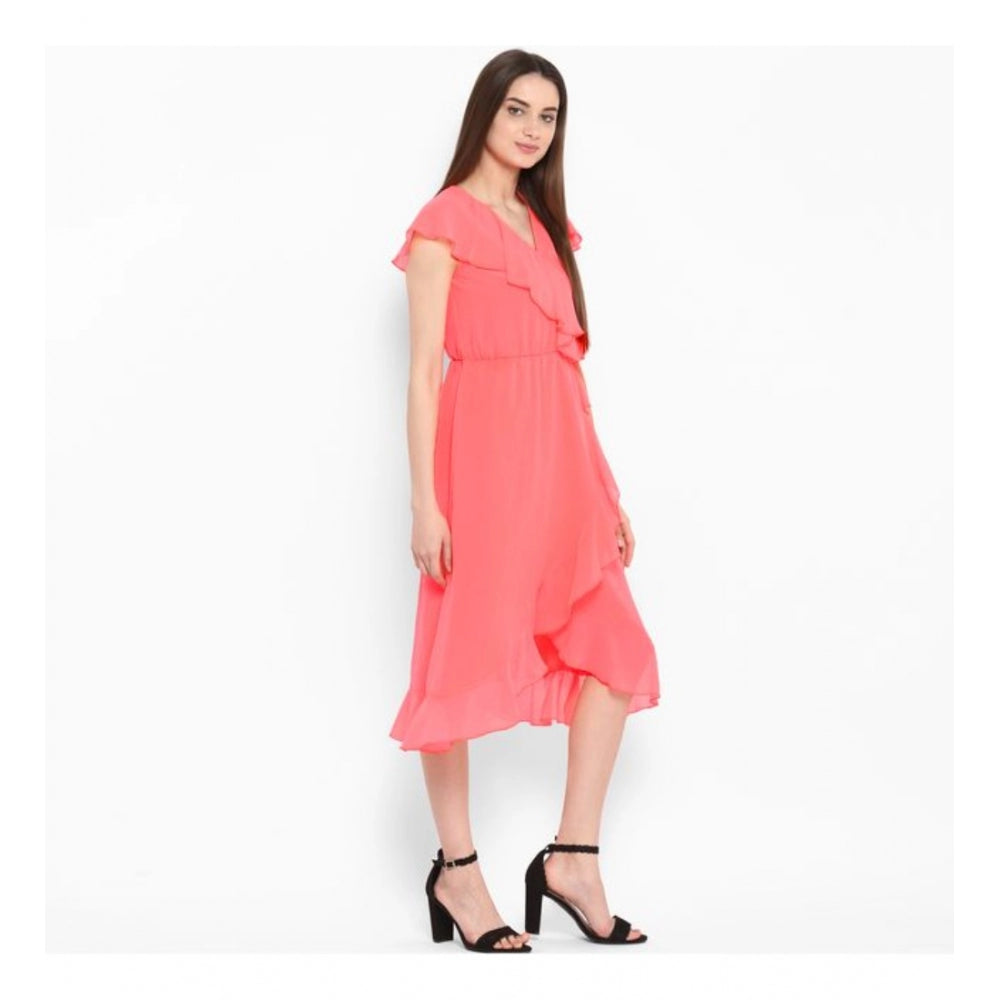 Amfyn Women's Polyester Ruffled Cap Sleeve Below Knee Dress (Coral Pink)