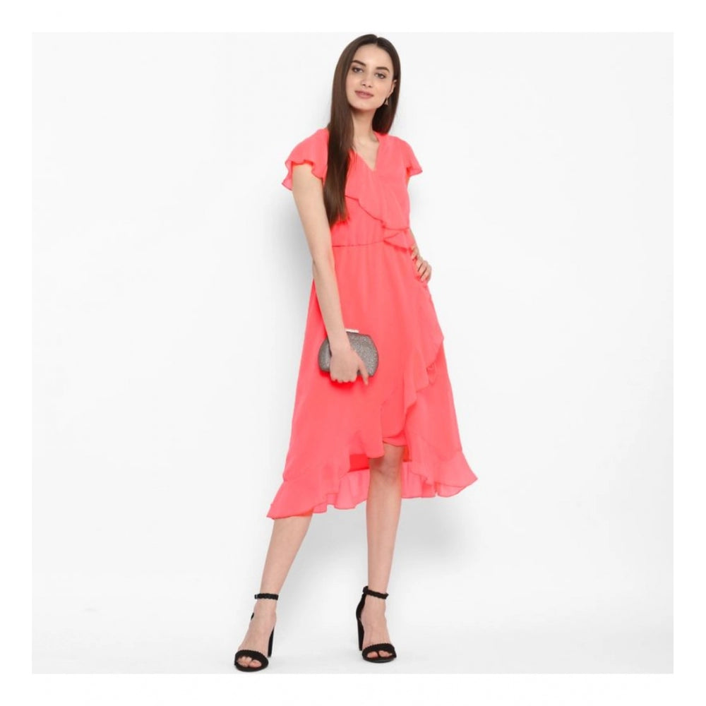 Amfyn Women's Polyester Ruffled Cap Sleeve Below Knee Dress (Coral Pink)