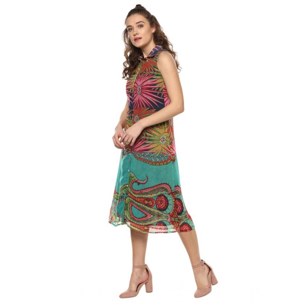 Amfyn Women's Polyester Floral Sleeveless Below Knee Dress (Multicolor)
