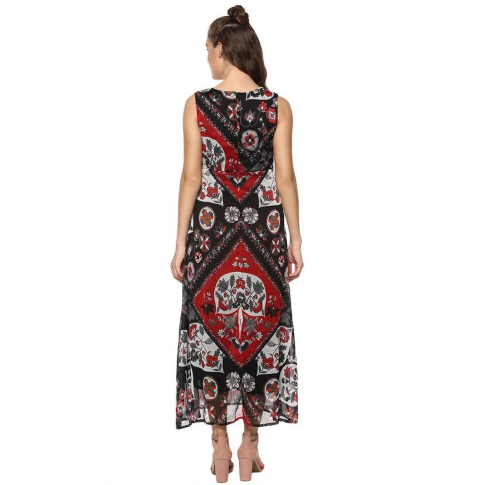 Amfyn Women's Polyester Printed Sleeveless Dress (Red - Black)