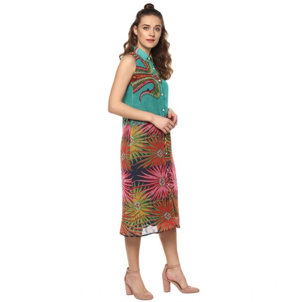 Amfyn Women's Polyester Floral Sleeveless Below Knee Dress (Multicolor)