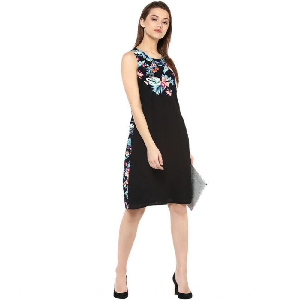 Amfyn Women's Polyester Printed Sleeveless Above Knee Dress (Black - Multicolor)
