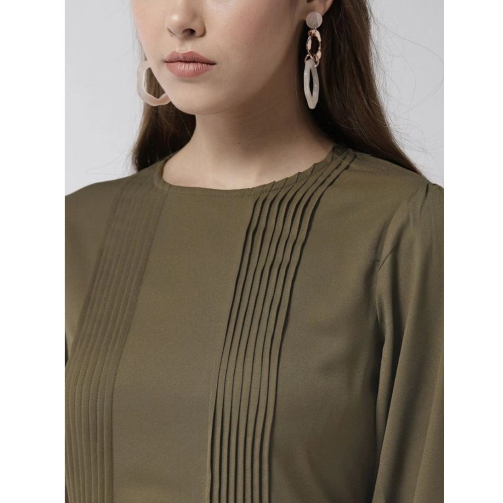 Amfyn Women's Polyester Pintuck Long Sleeves Below Knee Dress (Olive)