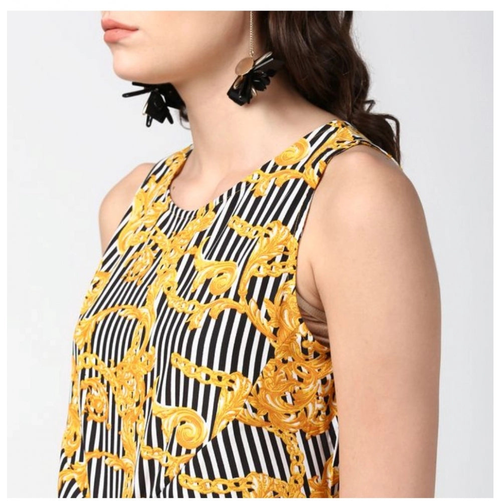 Amfyn Women's Polyester Chain Print Sleeveless Below Knee Dress (Yellow - Black)