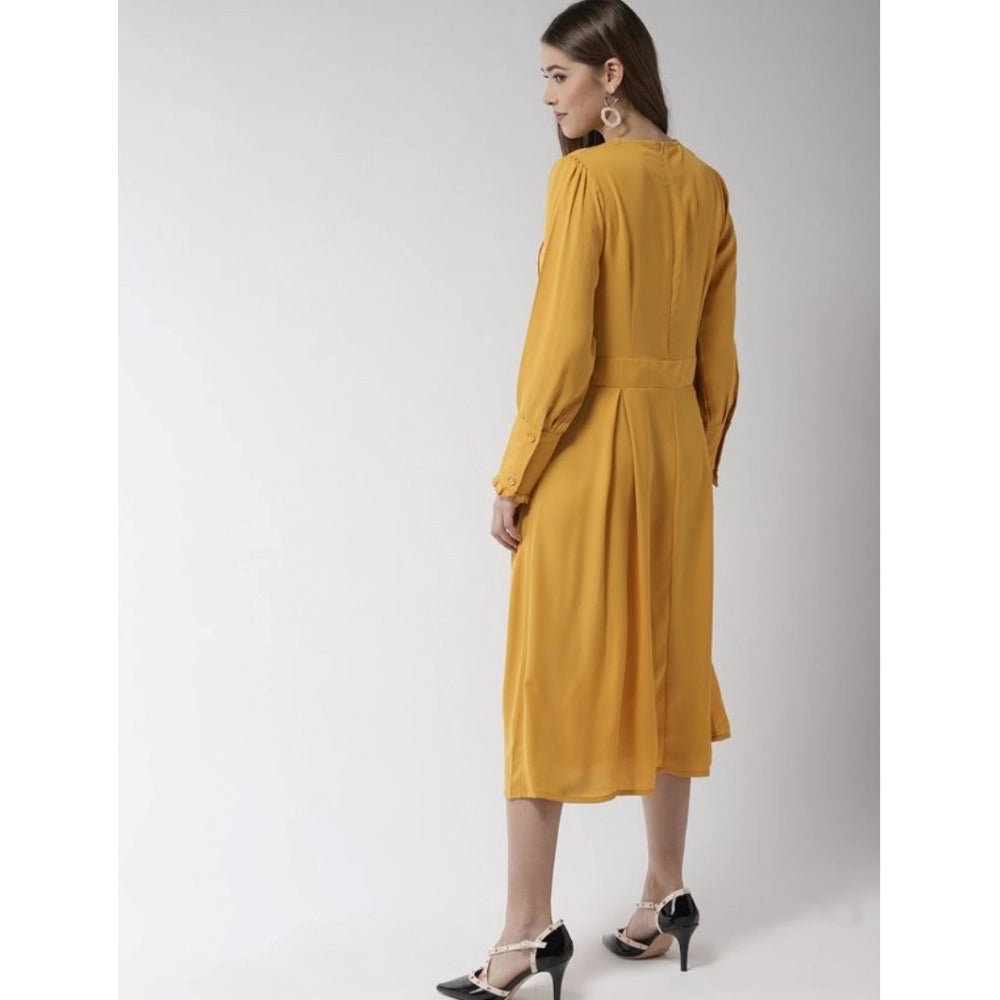 Amfyn Women's Polyester Pintuck Long Sleeves Below Knee Dress (Yellow)