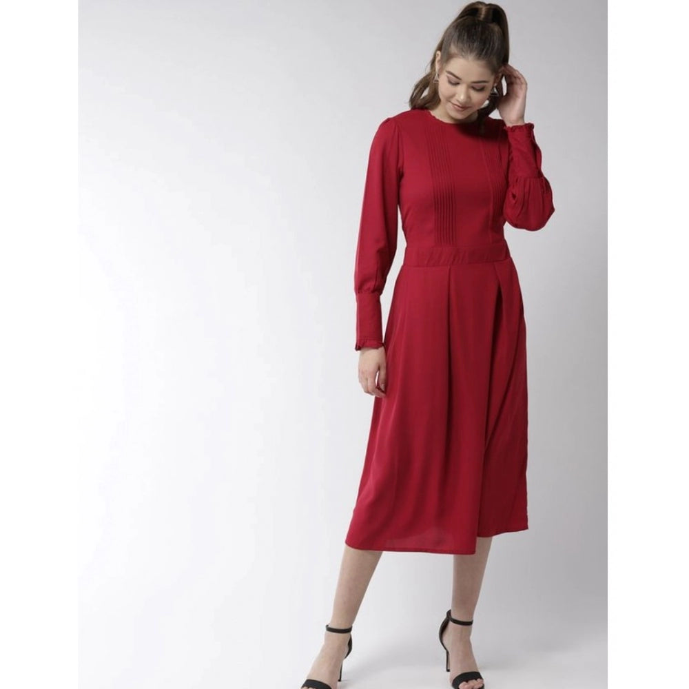 Amfyn Women's Polyester Pintuck Long Sleeves Below Knee Dress (Red)