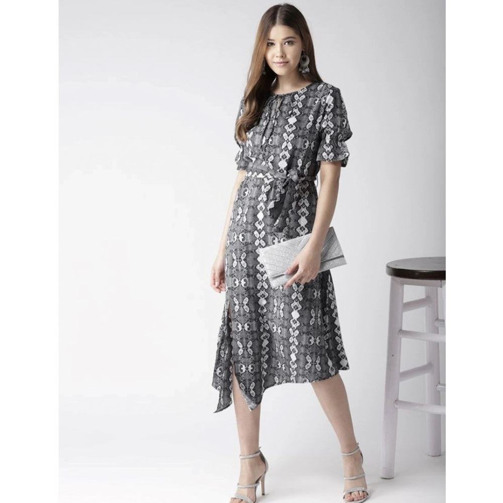 Amfyn Women's Polyester Animal Print Short Sleeve Knee-Length Dress (Black - White)