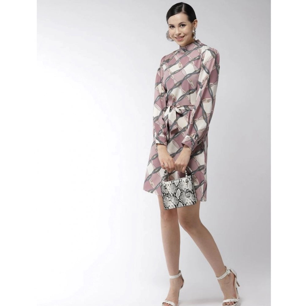Amfyn Women's Polyester Checkered Long Sleeves Above Knee Dress (Off White - Lavender)