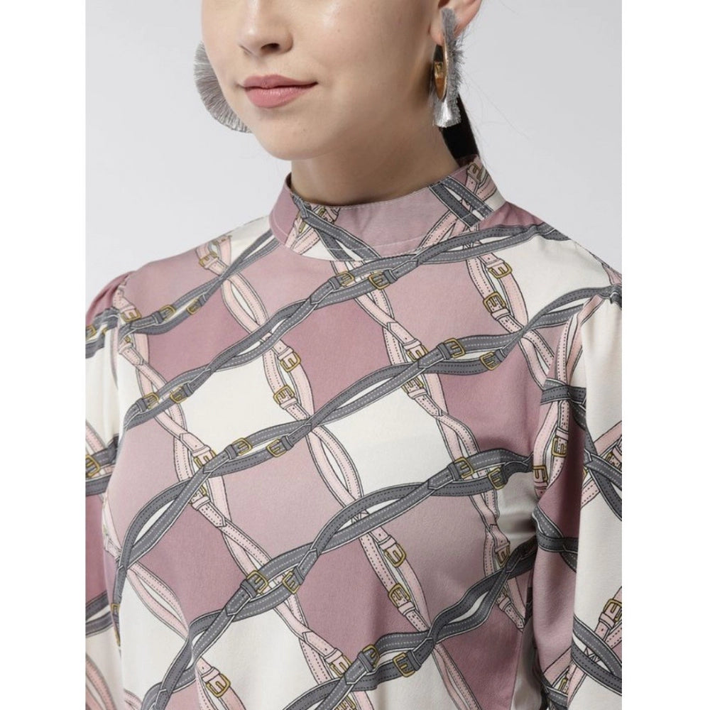 Amfyn Women's Polyester Checkered Long Sleeves Above Knee Dress (Off White - Lavender)