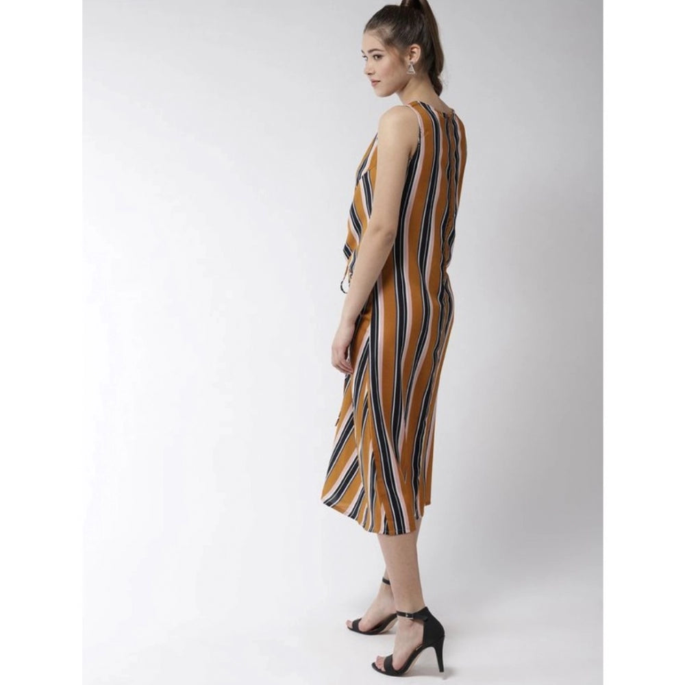 Amfyn Women's Polyester Striped Sleeveless Below Knee Dress (Mustard)