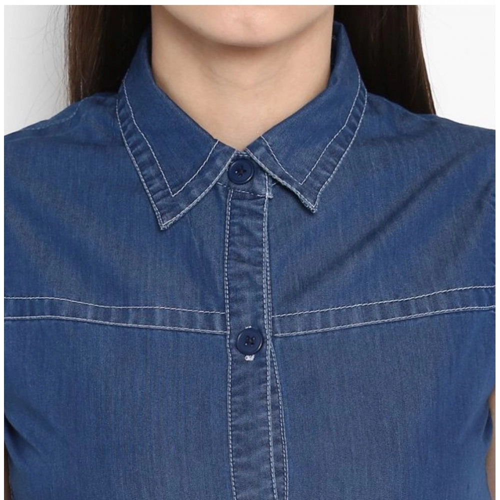 Amfyn Women's Denim Solid Sleeveless Above Knee Dress (Blue)