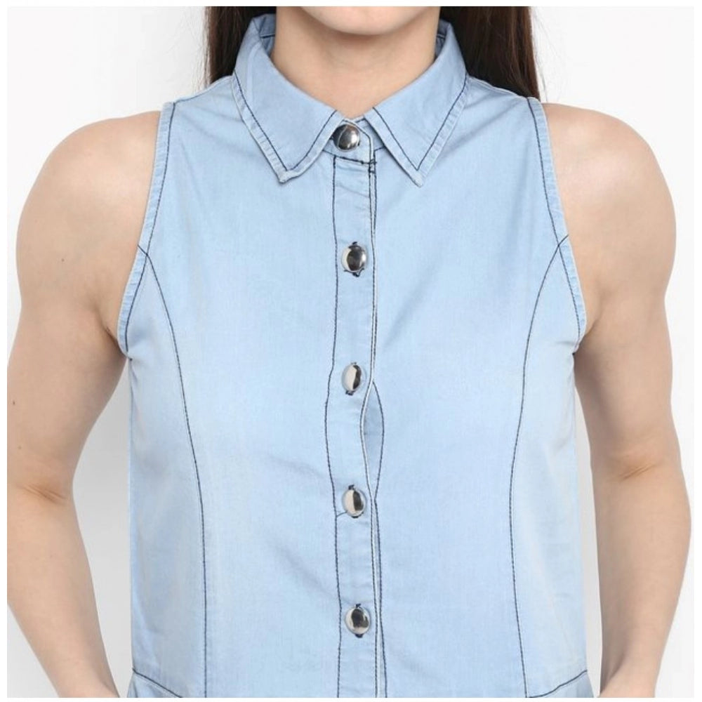 Amfyn Women's Denim Solid Sleeveless Below Knee Dress (Blue)