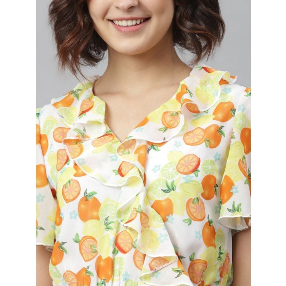 Amfyn Women's Polyester Printed Flutter Above Knee Dress (Yellow - Orange)