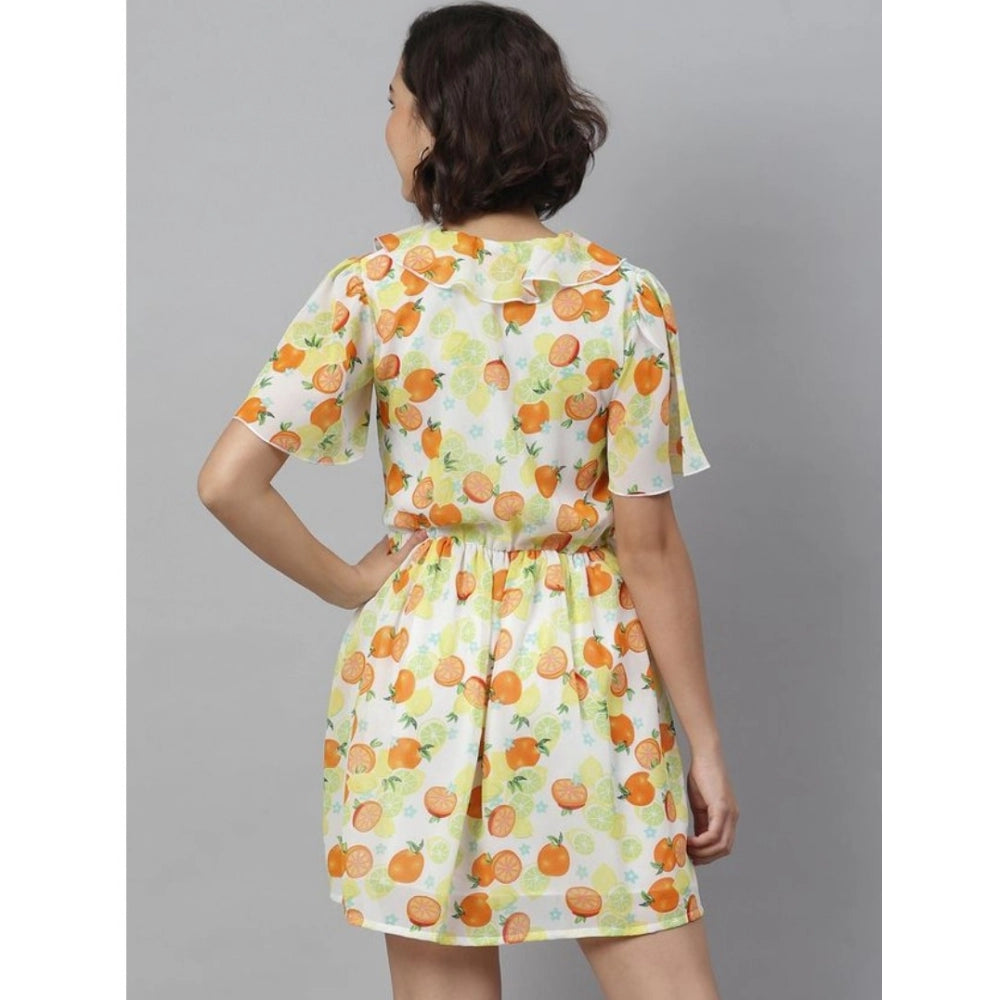Amfyn Women's Polyester Printed Flutter Above Knee Dress (Yellow - Orange)