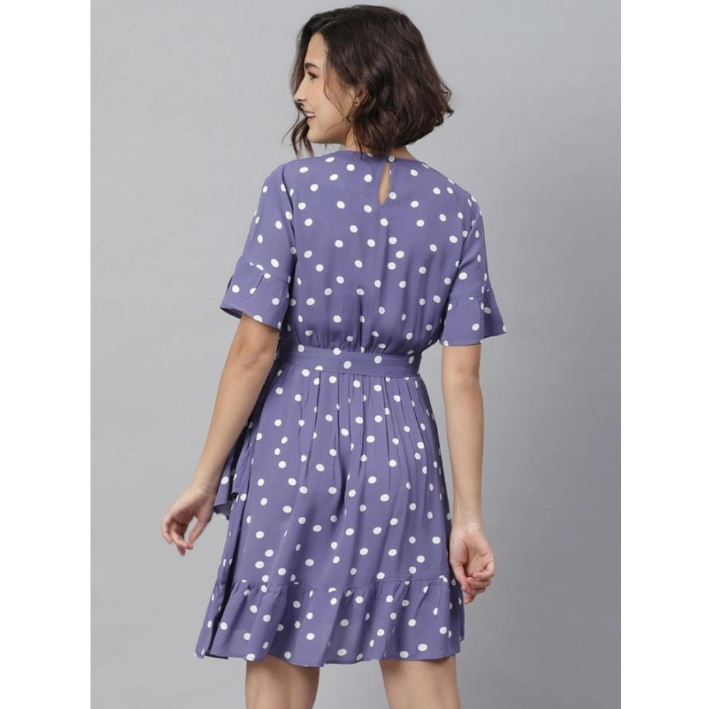 Amfyn Women's Polyester Polka Bell Sleeve Above Knee Dress (Lavender)