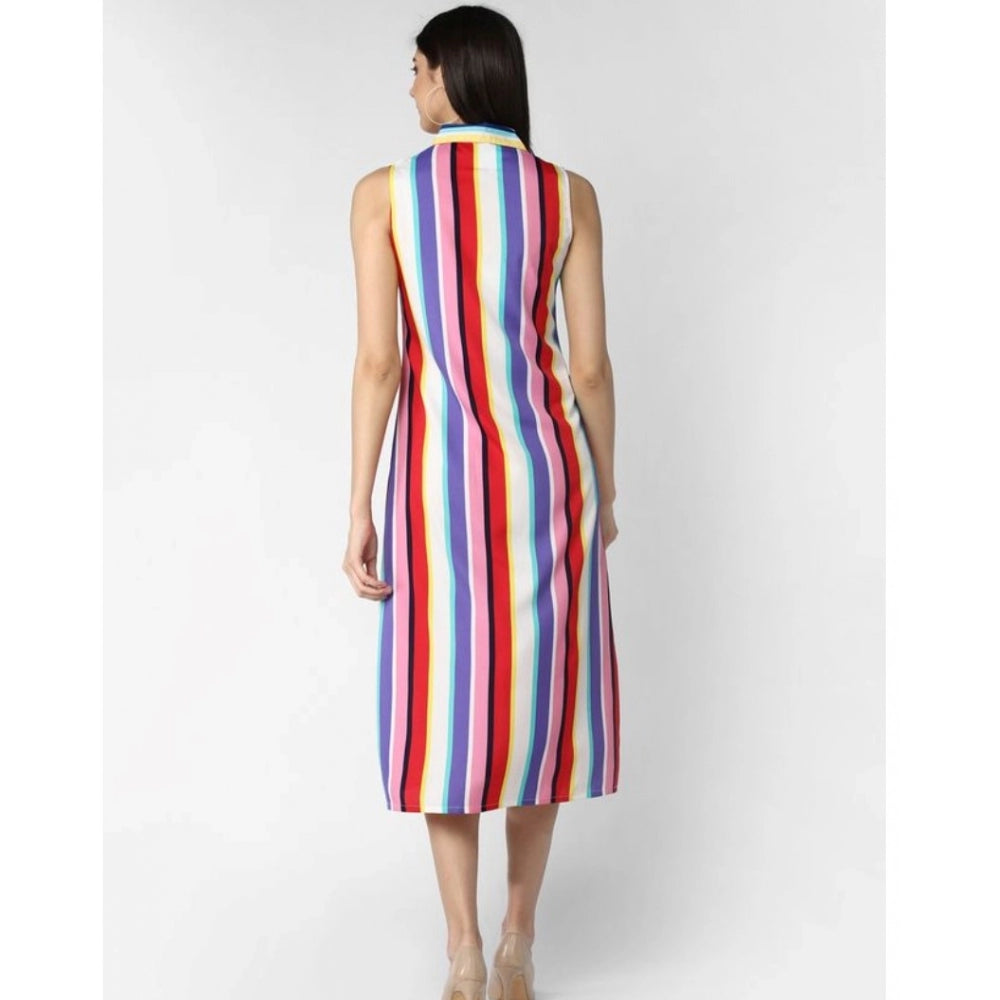 Amfyn Women's Polyester Striped Sleeveless Calf-length Dress (Multicolor)