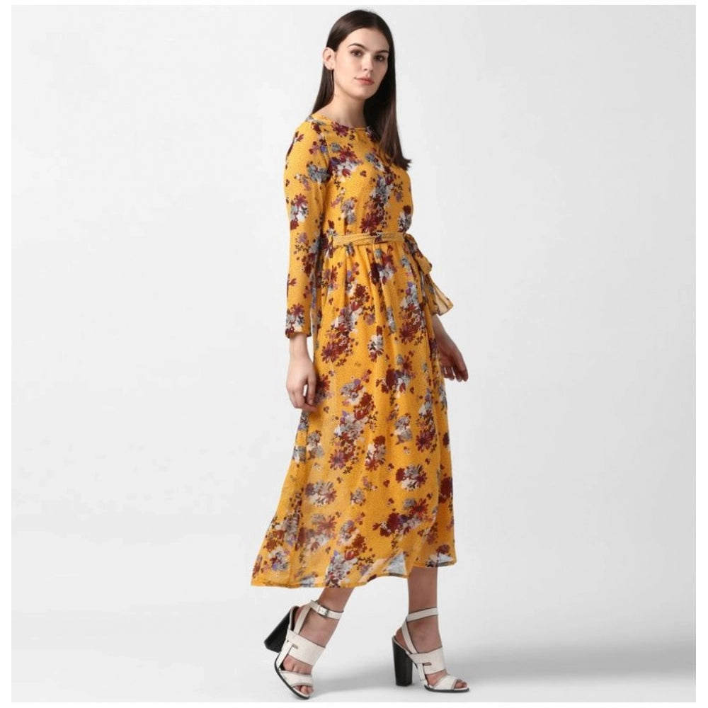 Amfyn Women's Polyester Floral Long Sleeves Calf-length Dress (Yellow)