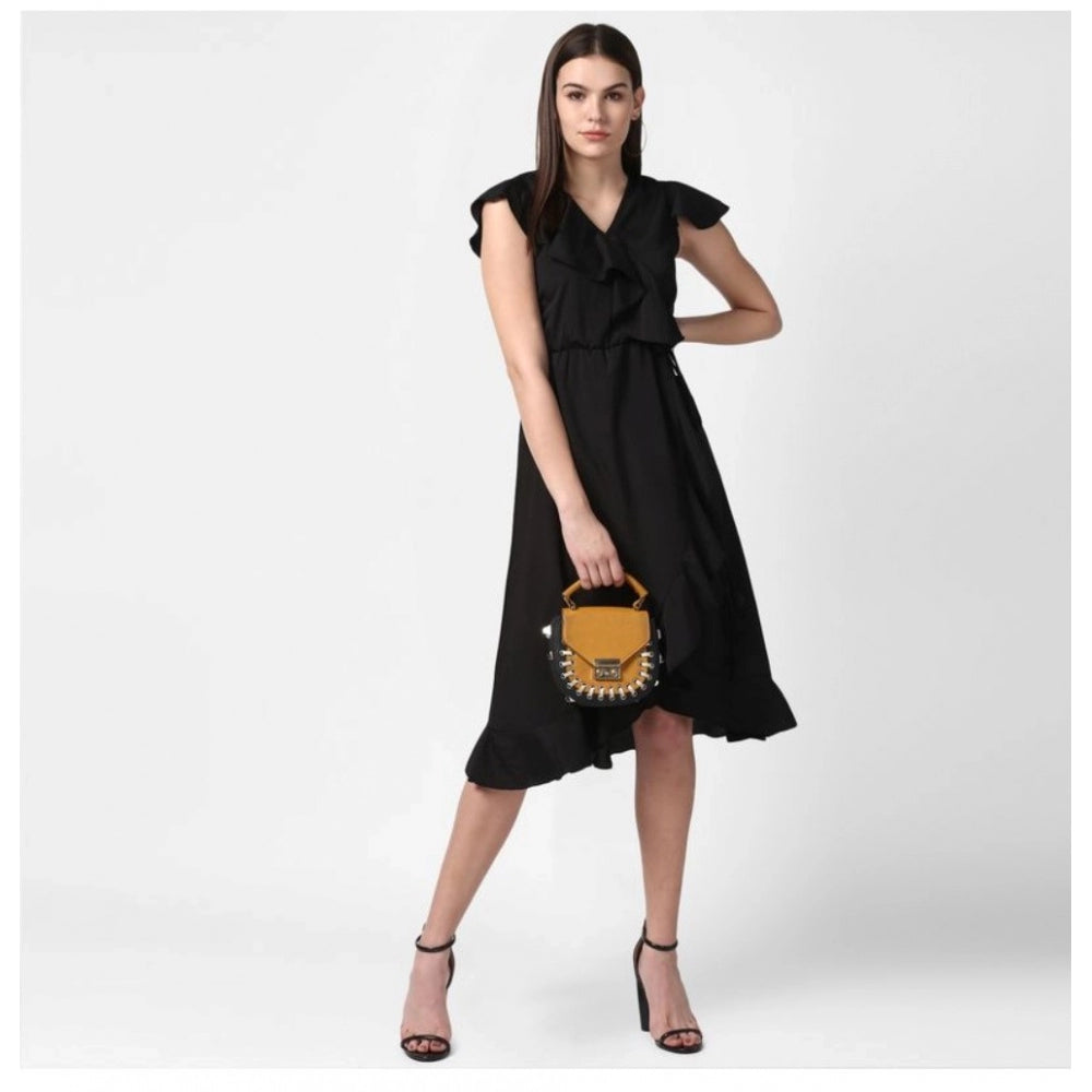 Amfyn Women's Polyester Ruffled Cap Sleeve Knee-Length Dress (Black)