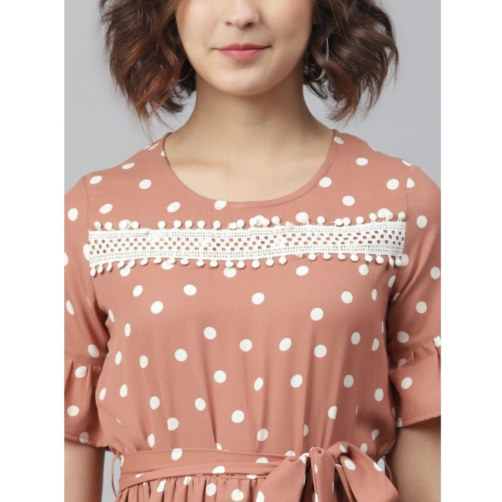 Amfyn Women's Polyester Polka Bell Sleeve Above Knee Dress (Brown)