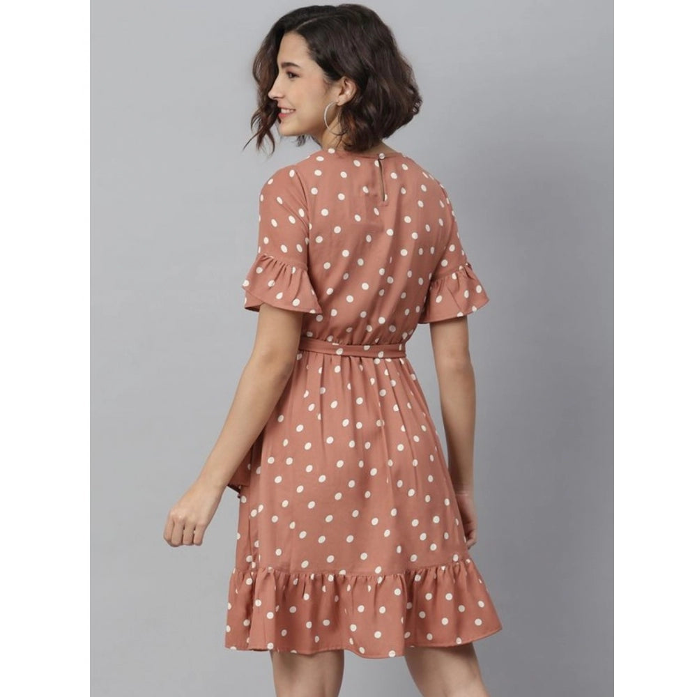 Amfyn Women's Polyester Polka Bell Sleeve Above Knee Dress (Brown)
