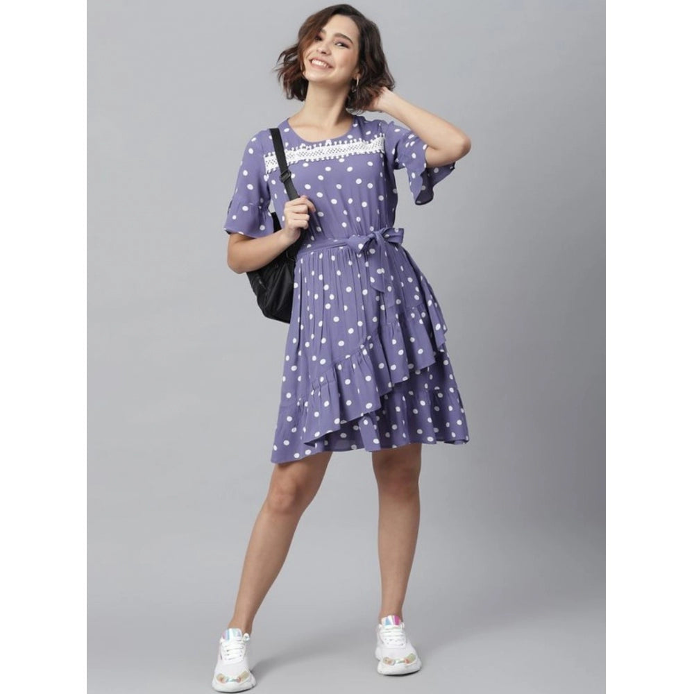 Amfyn Women's Polyester Polka Bell Sleeve Above Knee Dress (Lavender)
