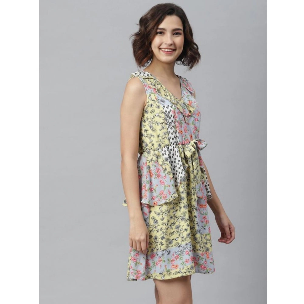 Amfyn Women's Polyester Peplum Sleeveless Above Knee Dress (Multicolor)