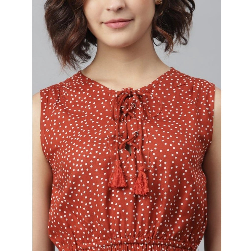 Amfyn Women's Rayon Polka Sleeveless Above Knee Dress (Rust)
