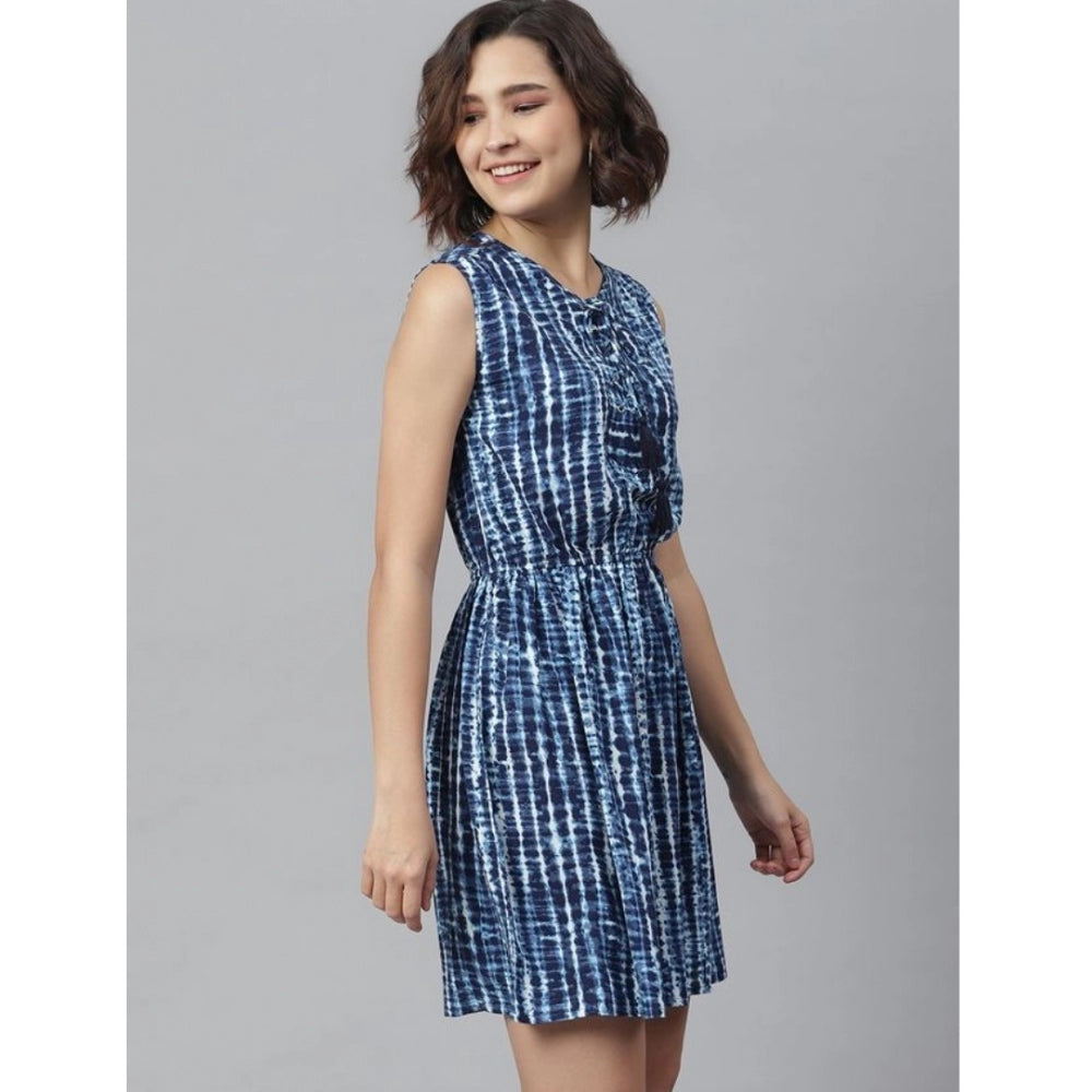Amfyn Women's Rayon Tie &amp; Dye Sleeveless Above Knee Dress (Blue)