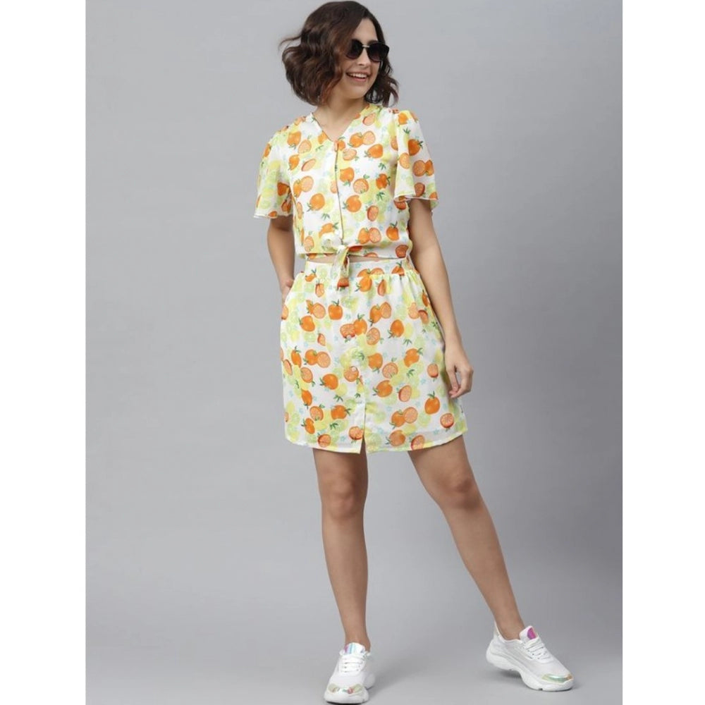 Amfyn Women's Polyester Printed Flutter Above Knee Dress (Orange - Yellow)