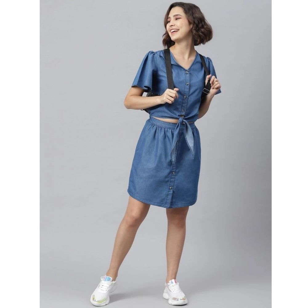 Amfyn Women's Denim Solid Flutter Above Knee Dress (Blue)