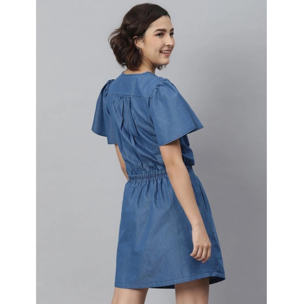Amfyn Women's Denim Solid Flutter Above Knee Dress (Blue)