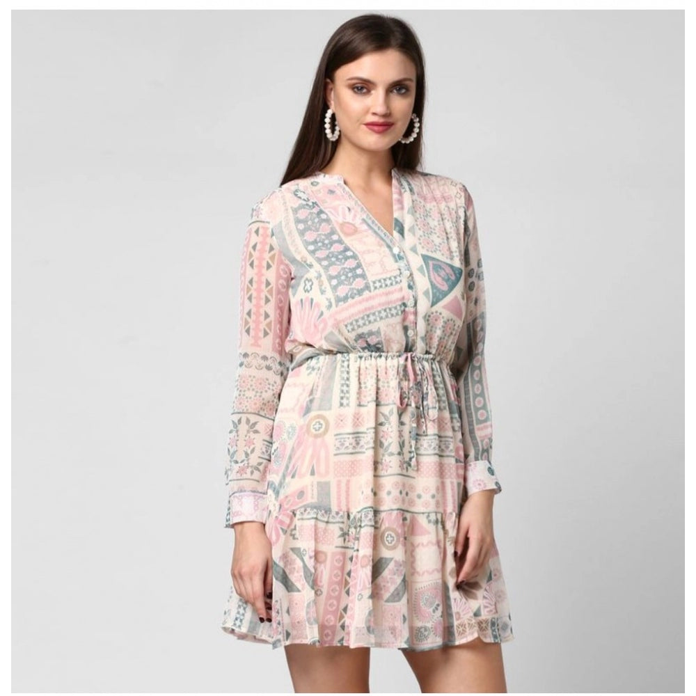 Amfyn Women's Polyester Printed Long Sleeves Above Knee Dress (Light Pink - Off White)