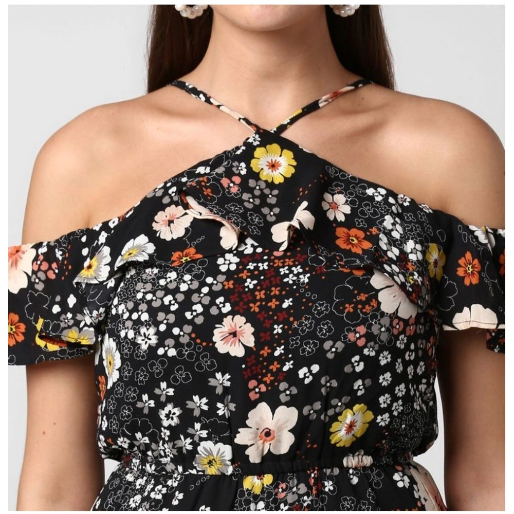 Amfyn Women's Polyester Floral Cold Shoulder Above Knee Dress (Black)
