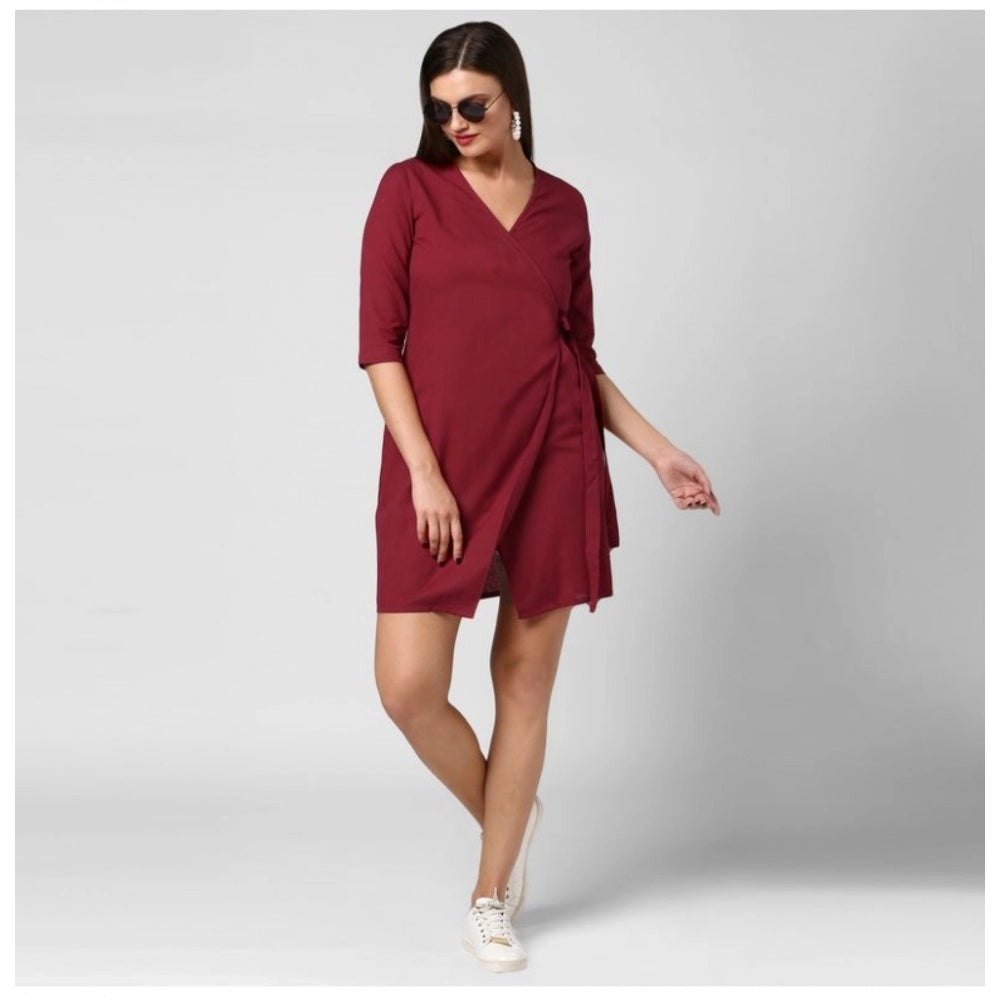 Amfyn Women's Cotton Solid 3-4th Sleeves Above Knee Dress (Maroon)