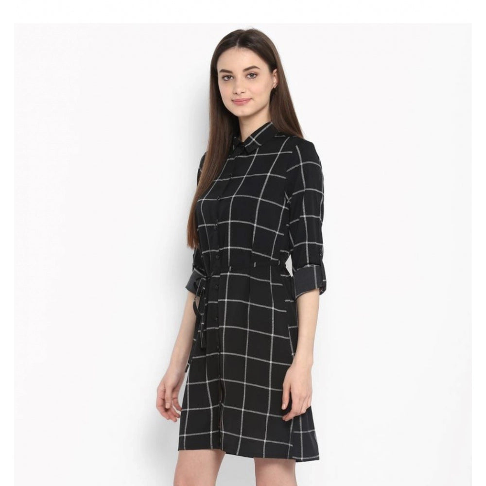 Amfyn Women's Polyester Checkered Roll Up Sleeve Above Knee Dress (Black - White)