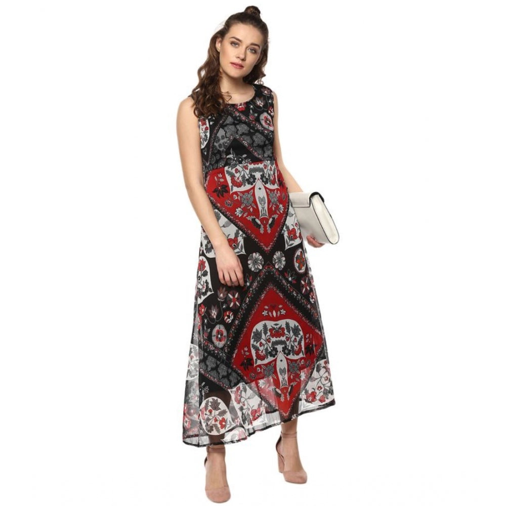 Amfyn Women's Polyester Printed Sleeveless Dress (Red - Black)