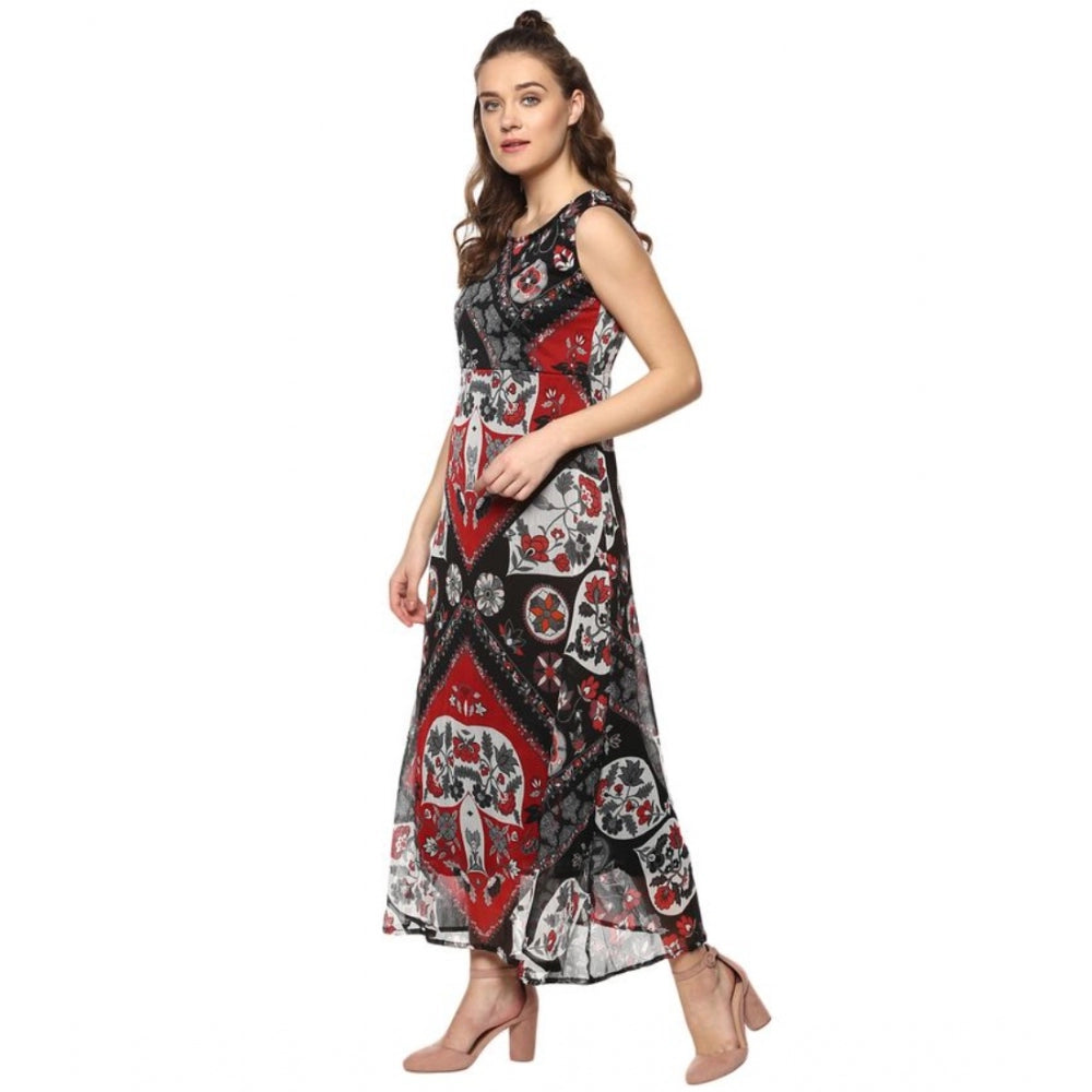 Amfyn Women's Polyester Printed Sleeveless Dress (Red - Black)