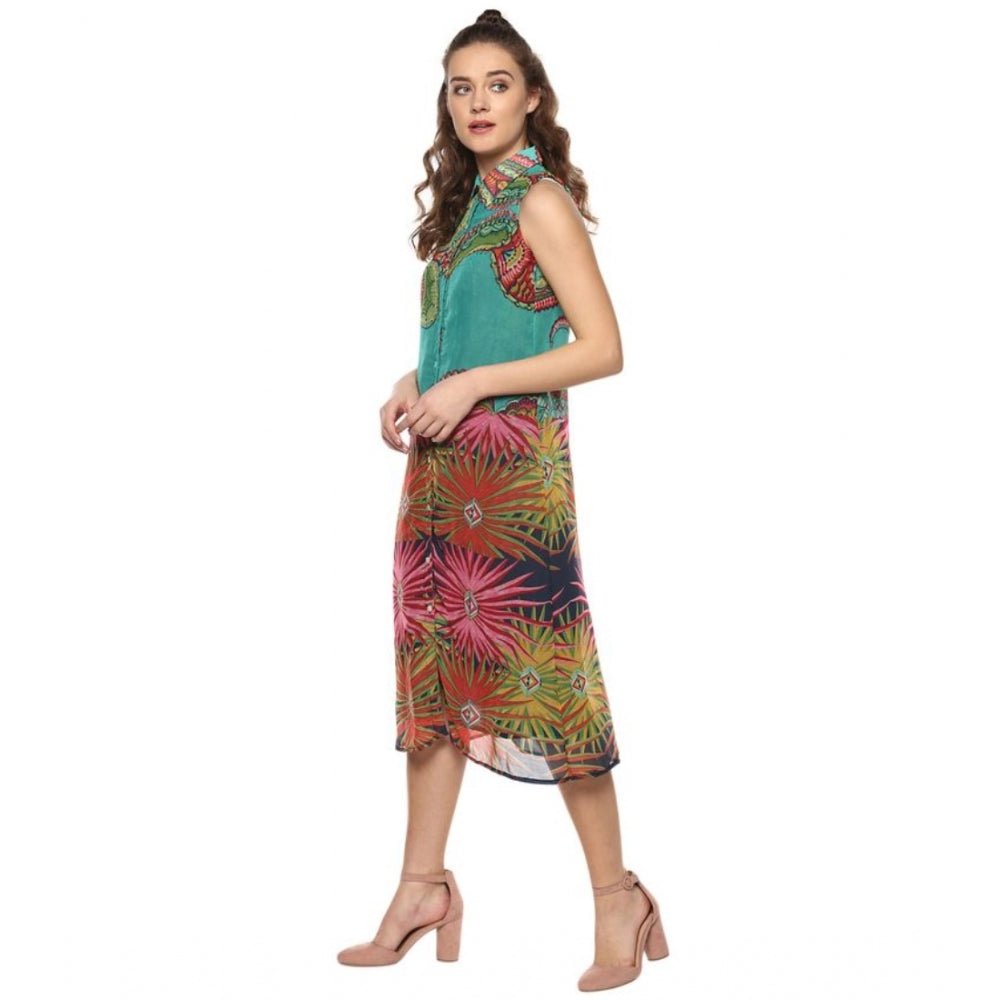 Amfyn Women's Polyester Floral Sleeveless Below Knee Dress (Multicolor)