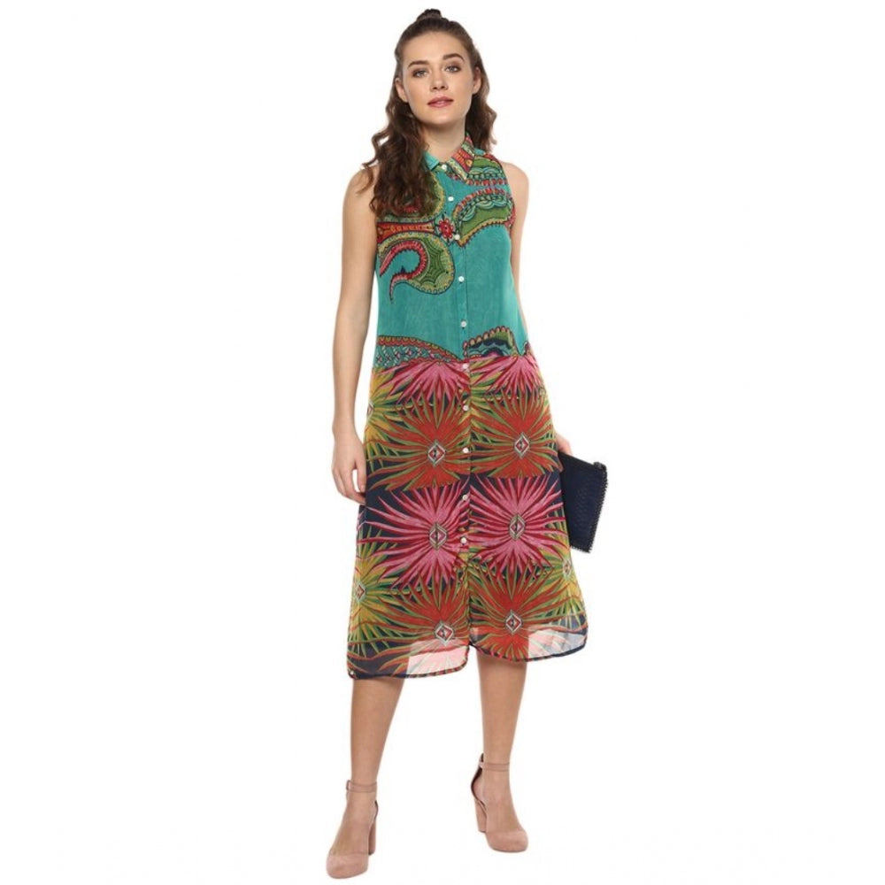 Amfyn Women's Polyester Floral Sleeveless Below Knee Dress (Multicolor)