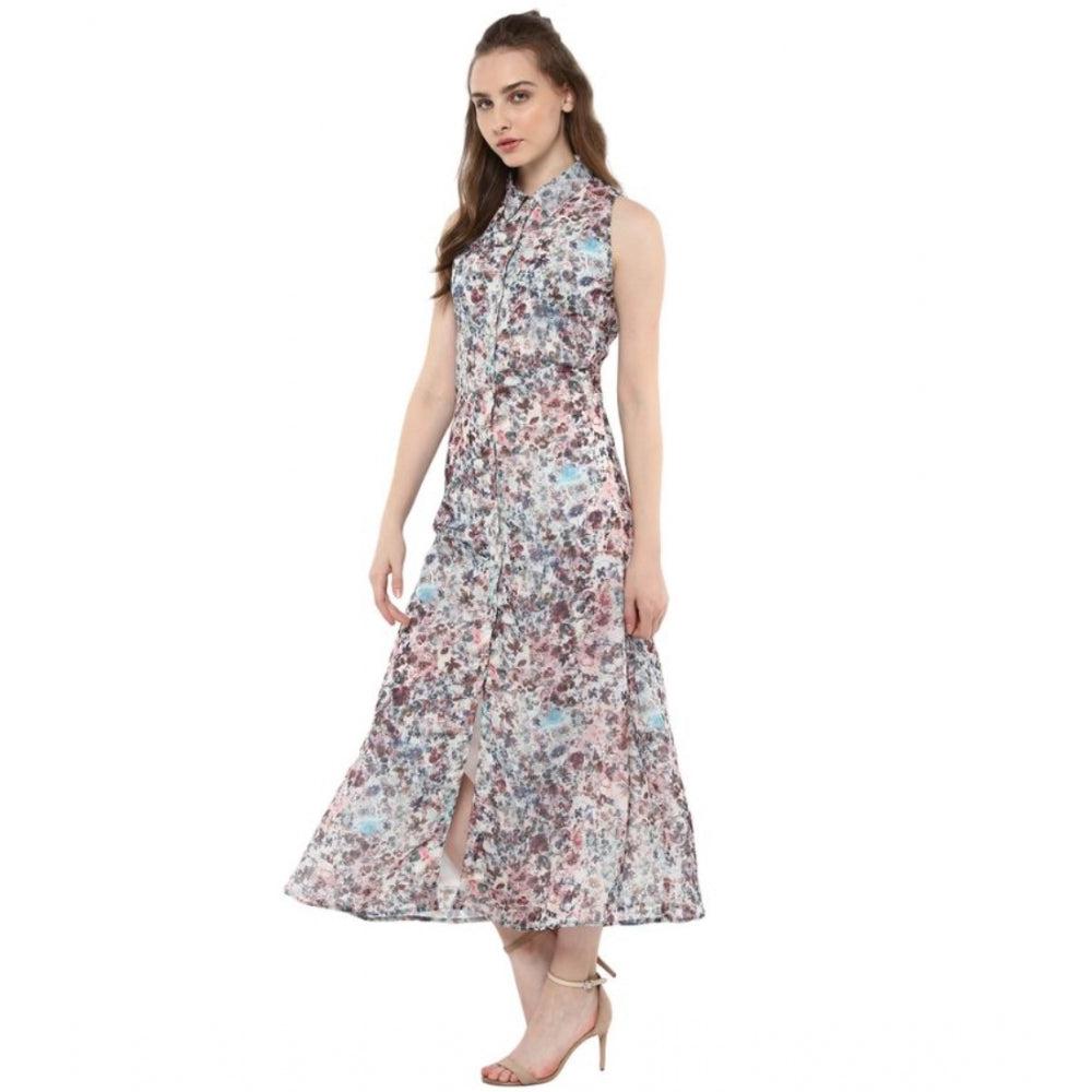 Amfyn Women's Polyester Chiffon Printed Sleeveless Dress (Multicolor)